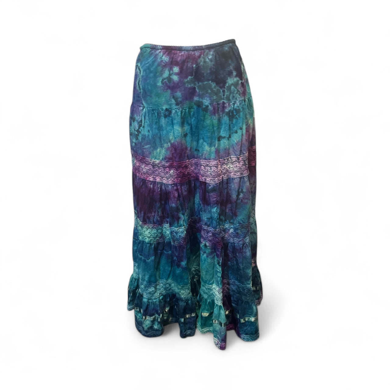 Women’s Long Tiered Tie-Dye Skirt – Hippie Boho Style in Teal & Violet