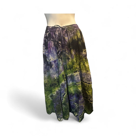 Women’s Long Tiered Tie-Dye Skirt – Hippie Boho Style in Lavender & Wasabi