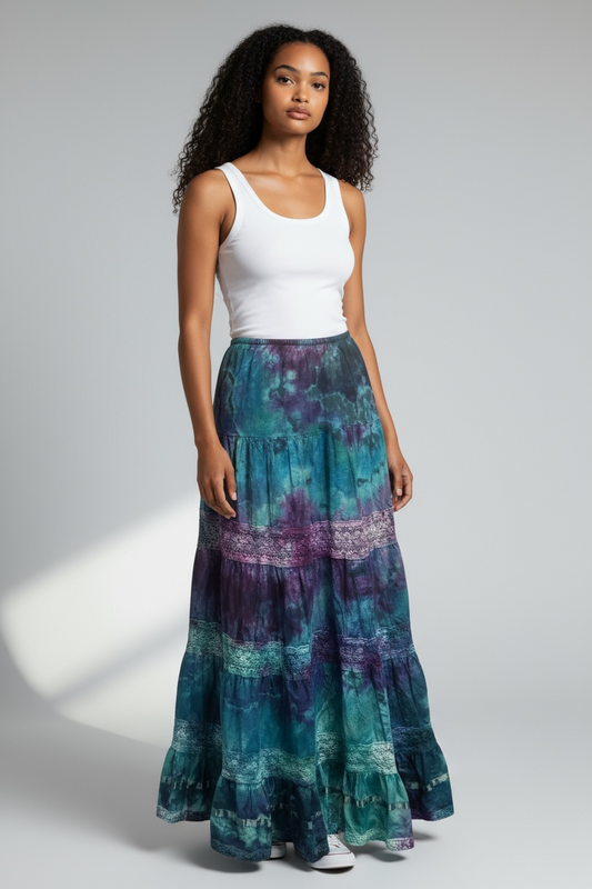 Women’s Long Tiered Tie-Dye Skirt – Hippie Boho Style in Teal & Violet
