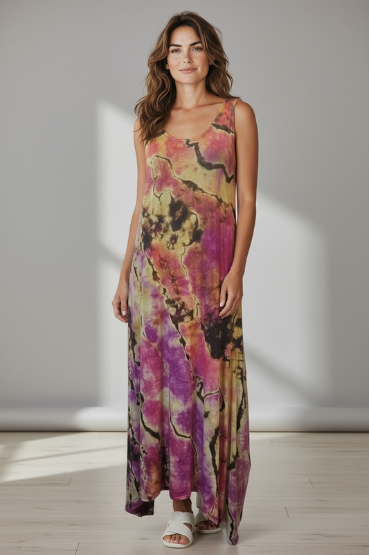 Vibrant Hand-Dyed Maxi Dress – One-of-a-Kind Boho Chic Fashion