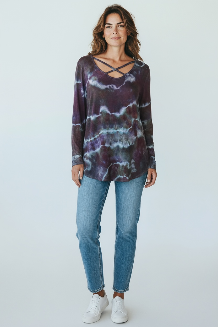 Women’s Long Sleeve Tie-Dye Top with Crisscross Neckline – Casual Boho Style