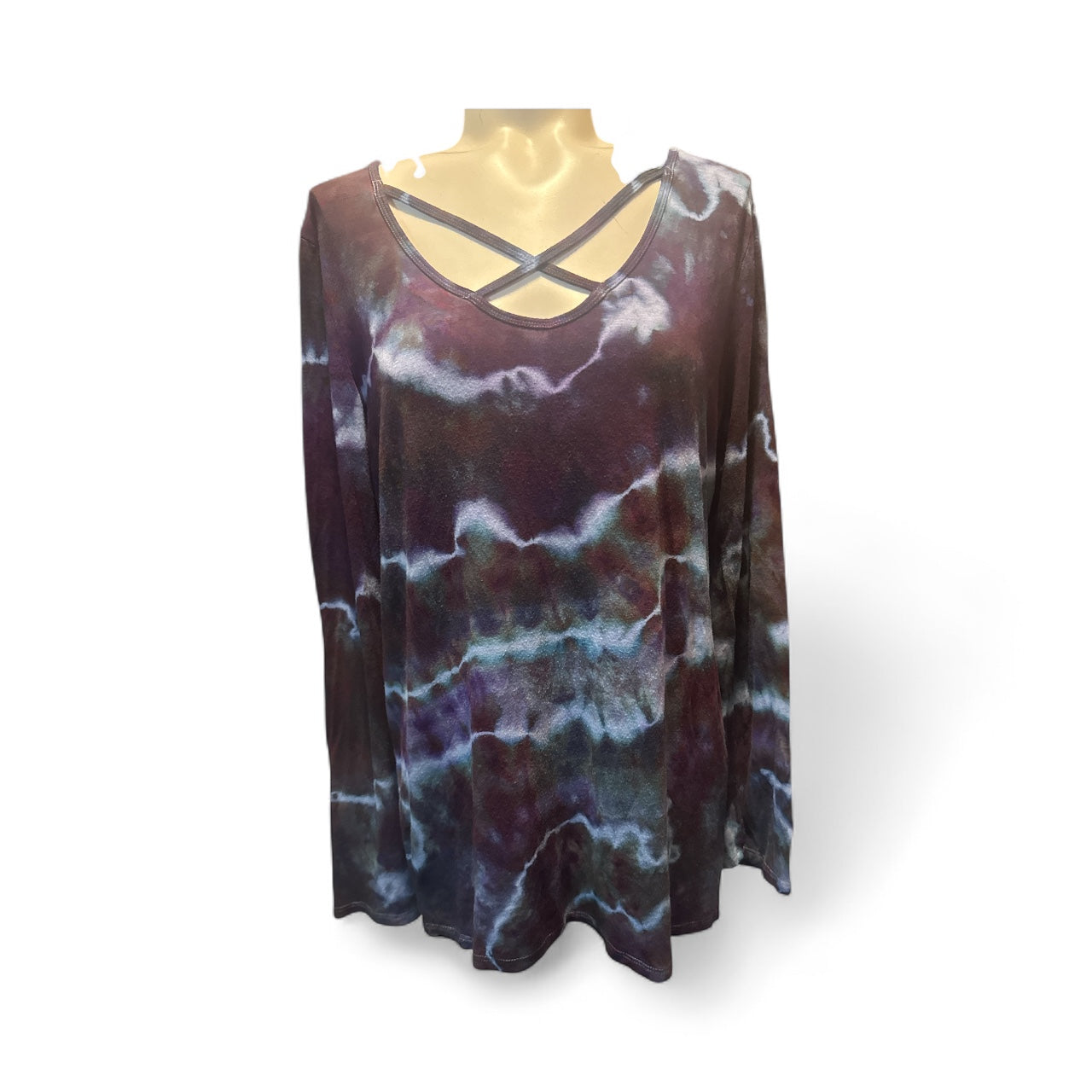 Women’s Long Sleeve Tie-Dye Top with Crisscross Neckline – Casual Boho Style