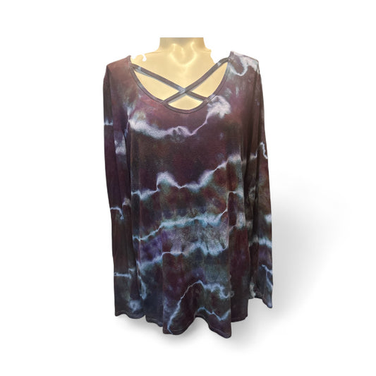 Women’s Long Sleeve Tie-Dye Top with Crisscross Neckline – Casual Boho Style