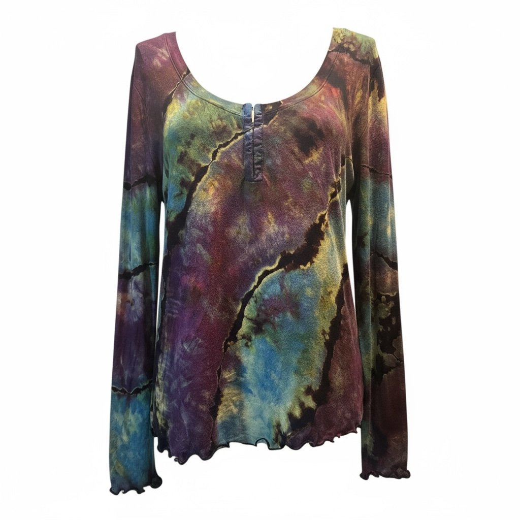 Ladies tie dye long sleeved rayon top with shades of blue, purple and green