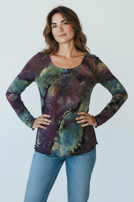 Ladies tie dye long sleeved rayon top with shades of blue, purple and green